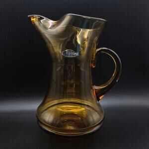 Blenko Amber Glass Pitcher Hand Blown with Sticker Vintage